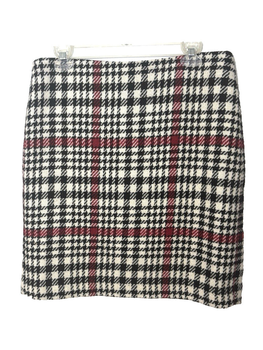 Talbots Black White Red Houndstooth Plaid Pencil Skirt Size  Petite 12 Wool Blen